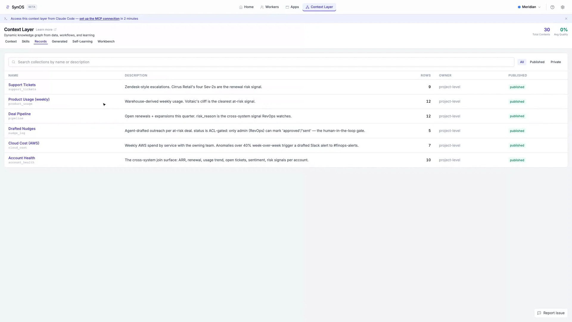 Agent-Native Storage — system-of-record collections with typed rows